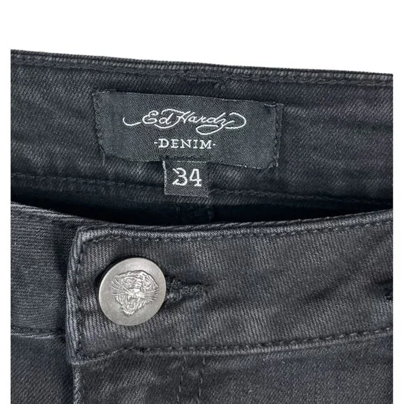 Ed Hardy 90s Flare black jeans Tiger head embroidery boho logo sz 34 - Picture 6 of 14